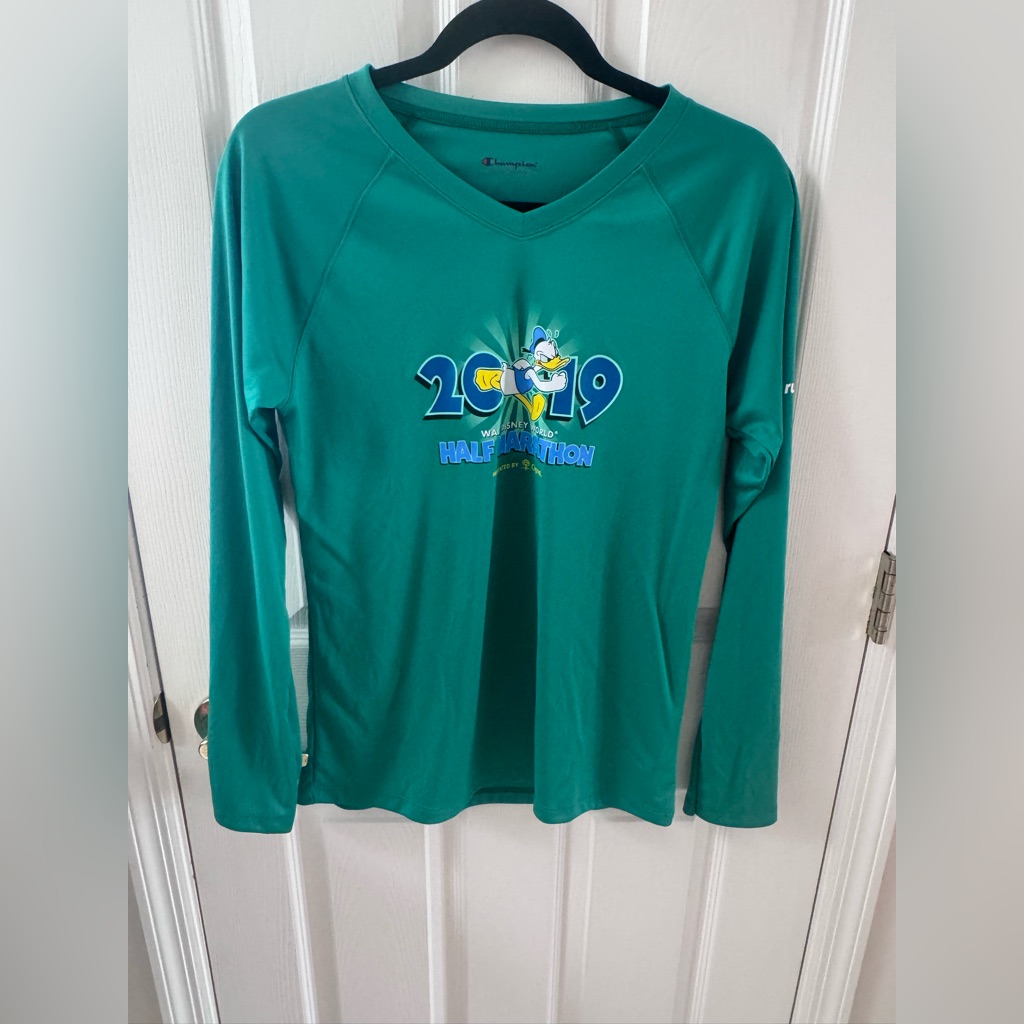 Champion Teal Athletic Long Sleeve Top With Logo Disney Marathon Shirt